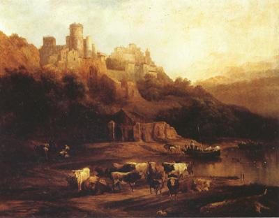 Jenaro Perez Villaamil Herd of Cattle Resting on a Riverbank in Front of a Castle (mk22) France oil painting art
